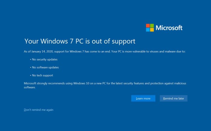 Microsoft notifications for windows 7 end of support