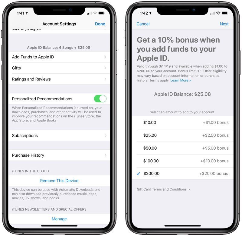 Apple 10 percent bonus add funds to account